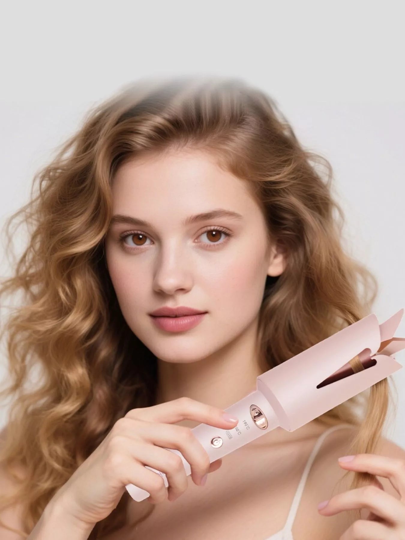 A woman with wavy blonde hair holds a pink automatic hair curler near her face against a light gray background.