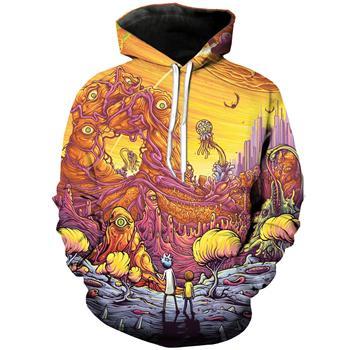 Colorful psychedelic hoodie featuring whimsical characters and surreal landscapes, perfect for men's casual shirts collection.