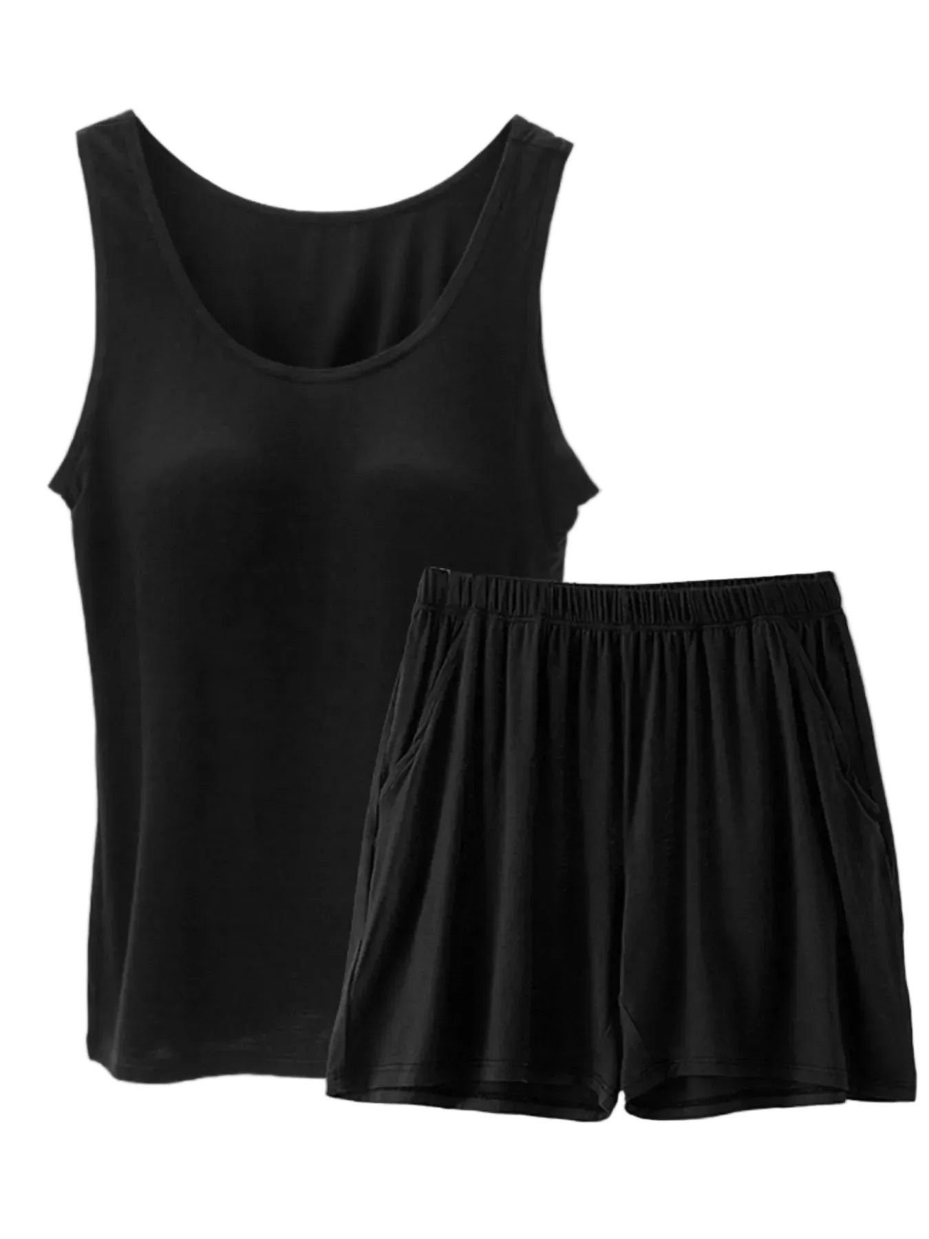 Sleeveless black tank top and matching black shorts with an elastic waistband and side pockets, laid flat on a white background.