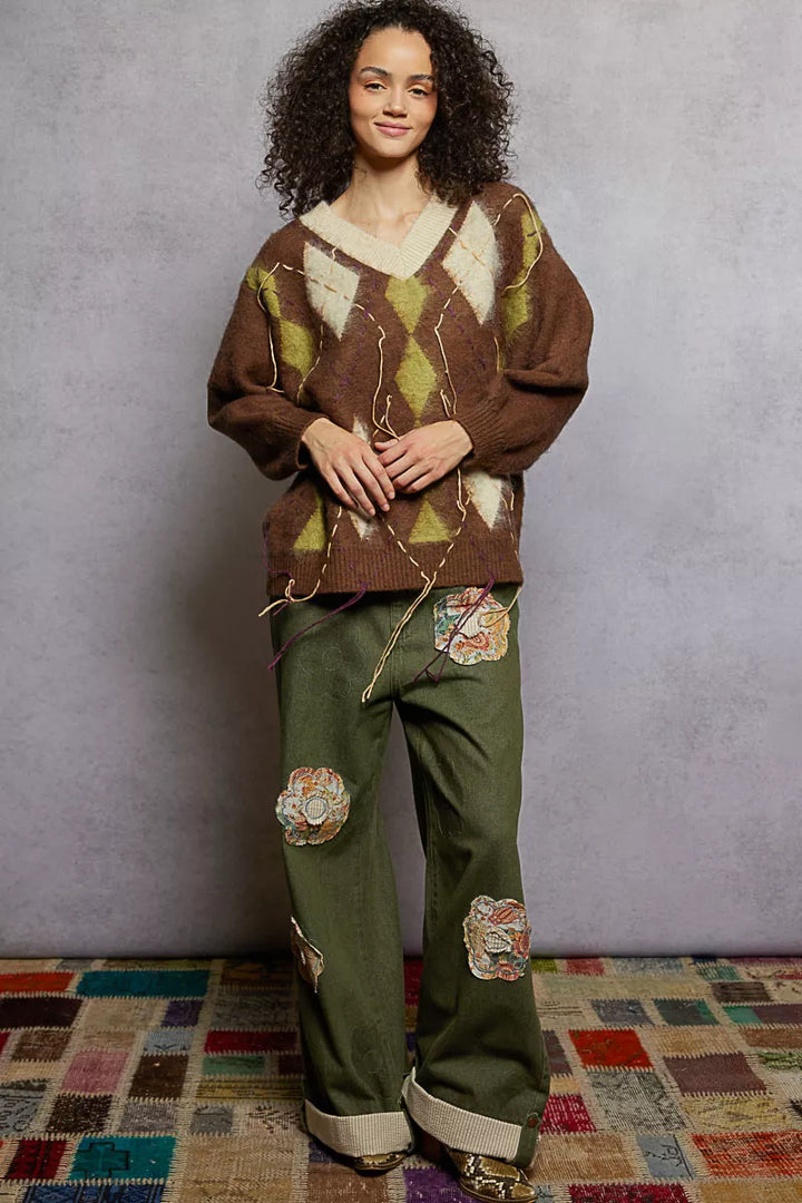 POL V-Neck Argyle Pattern Mohair Sweater with Contrast Exposed Stitch Detail - cas7m