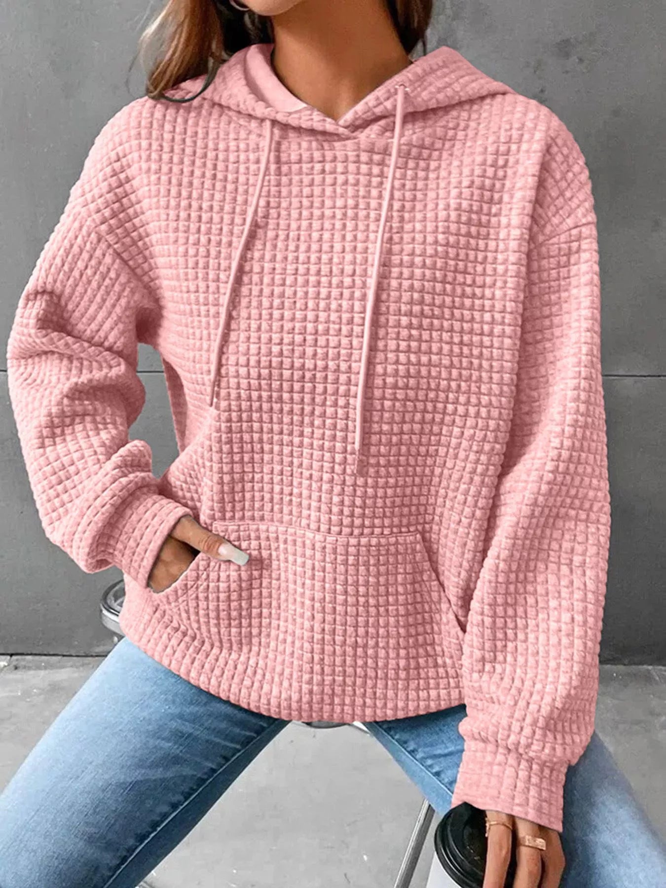Full Size Textured Kangaroo Pocket Hoodie Plus Size - cas7m