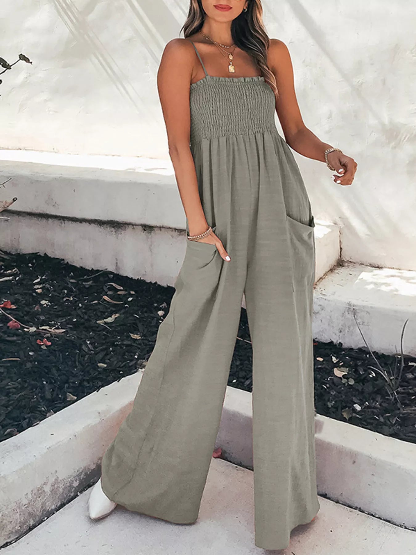 Smocked Wide Leg Jumpsuit - cas7m