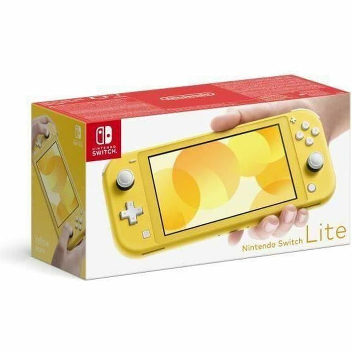 Yellow Nintendo Switch Lite console on a white box with red accents
