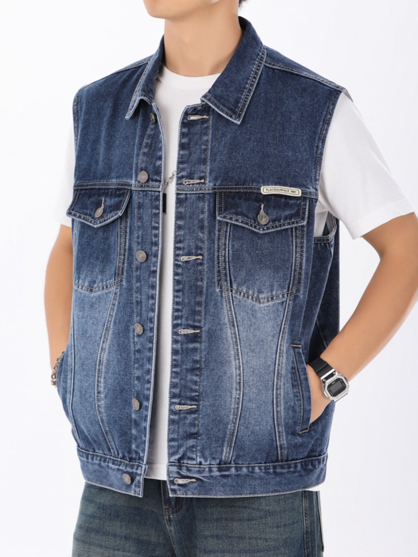 Men's Plus Size Vintage Washed Denim Vest - cas7m