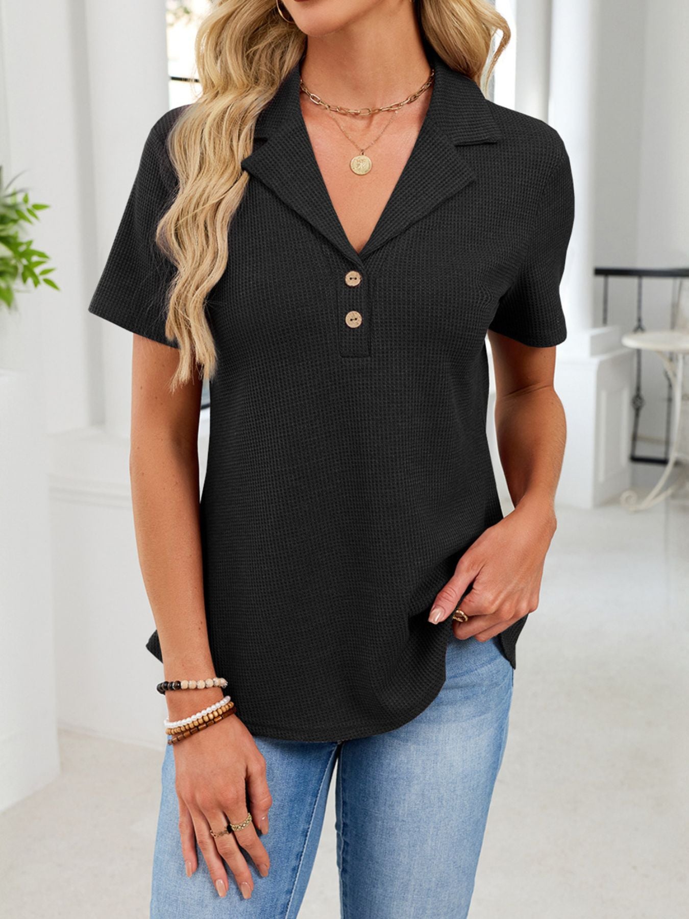 Waffle Knit Button Detail T-Shirt - cas7m