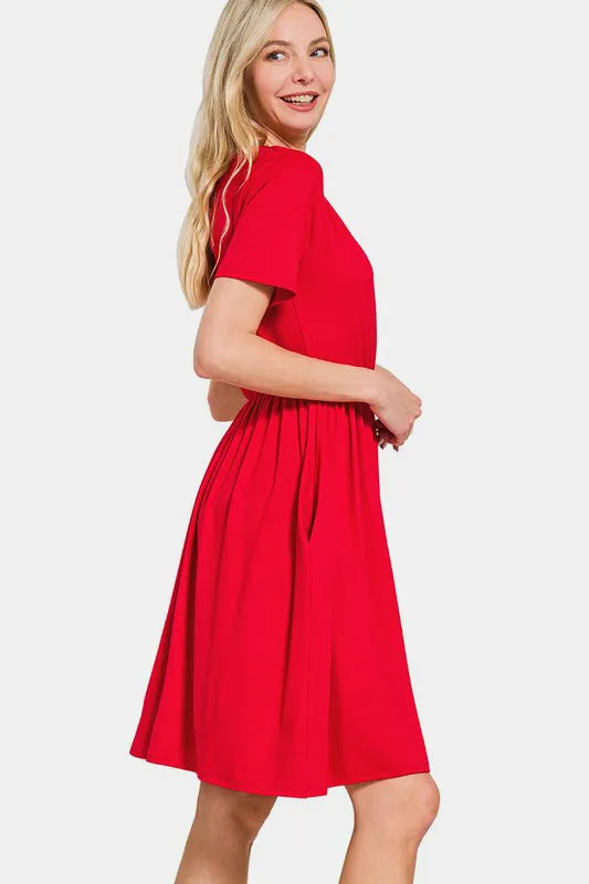 Zenana Surplice Short Sleeve Brushed DTY Dress - cas7m