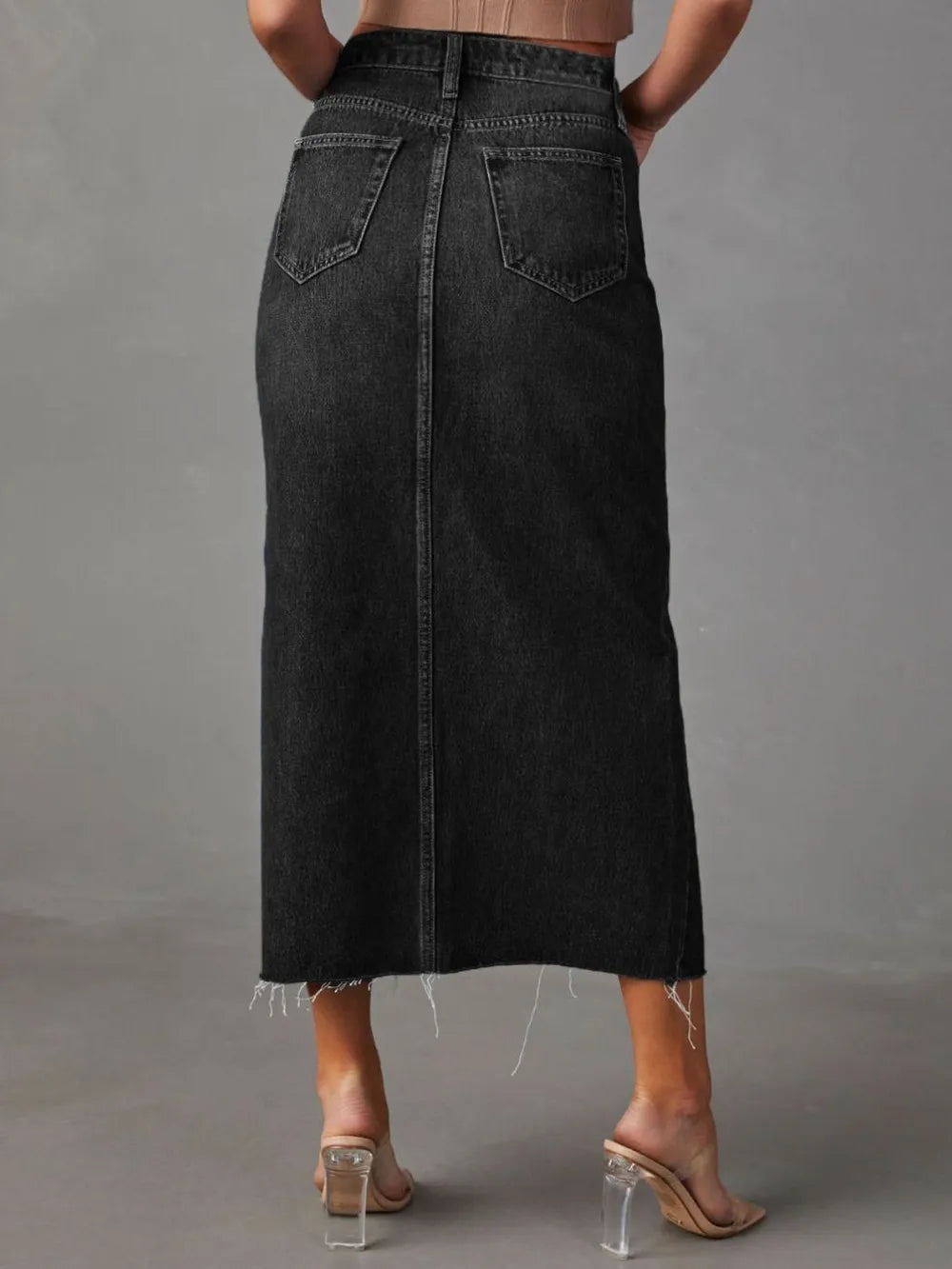 Raw Hem Front Slit Denim Midi Skirt - cas7m