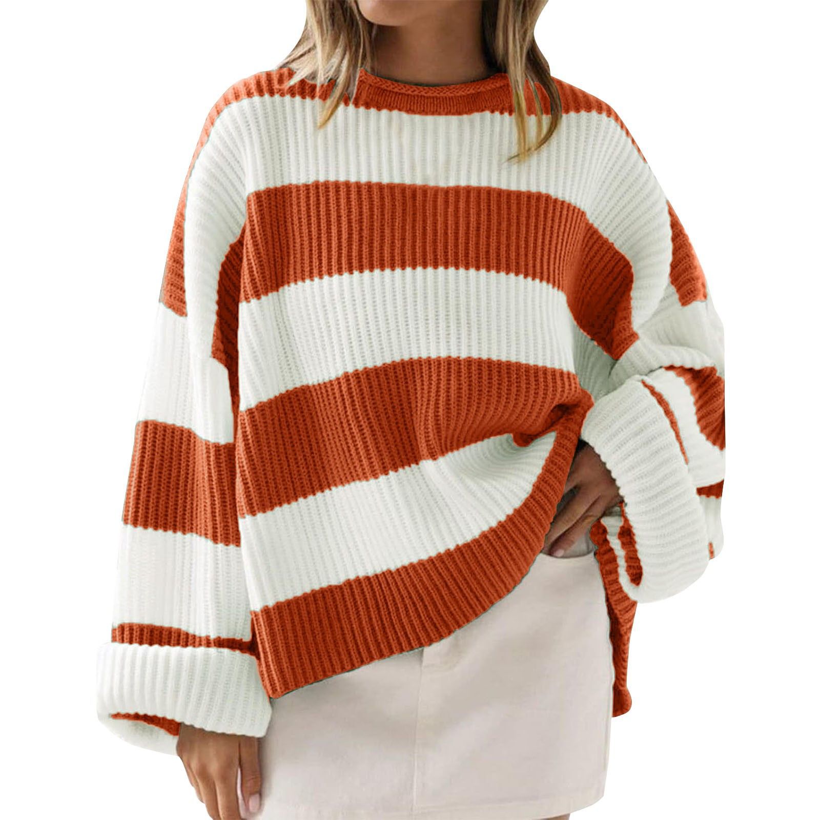 Loose Striped Sweater Fashion Casual Long Batwing Sleeve Round Neck Pullover Knit Tops Women Clothing - cas7m