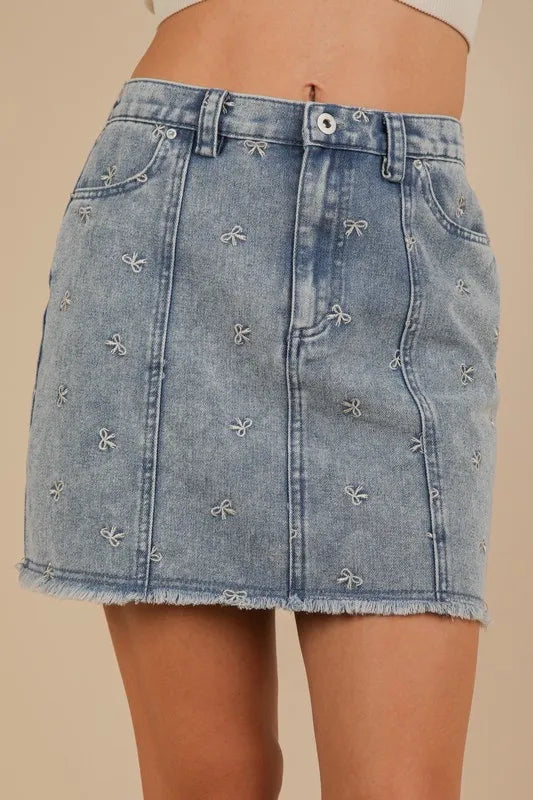 VERY J Bow Printed Casual Denim Mini Skirt - cas7m