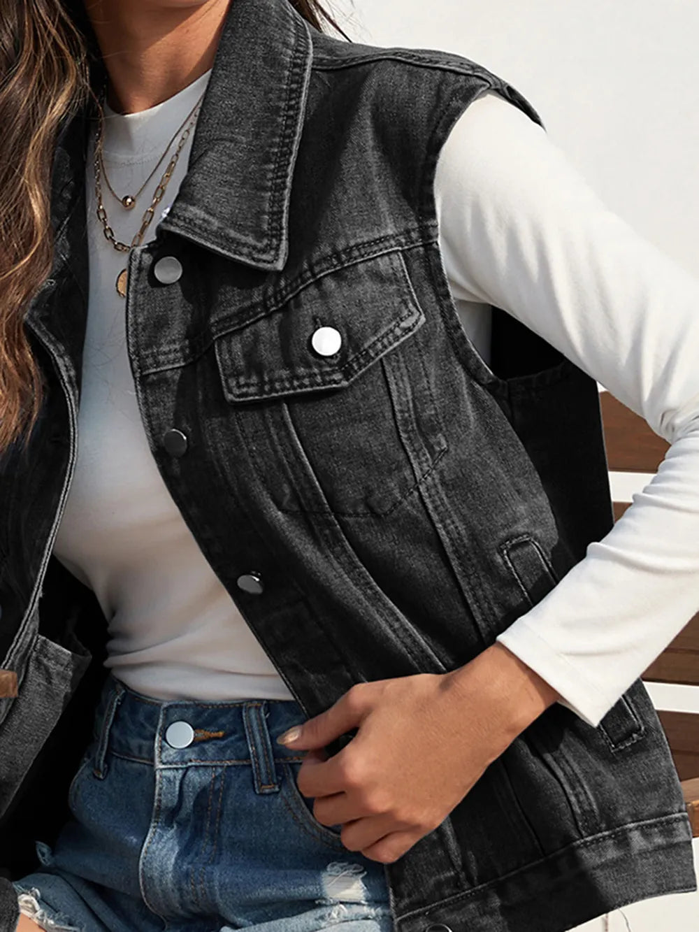 Collared Neck Sleeveless Denim Jacket - cas7m