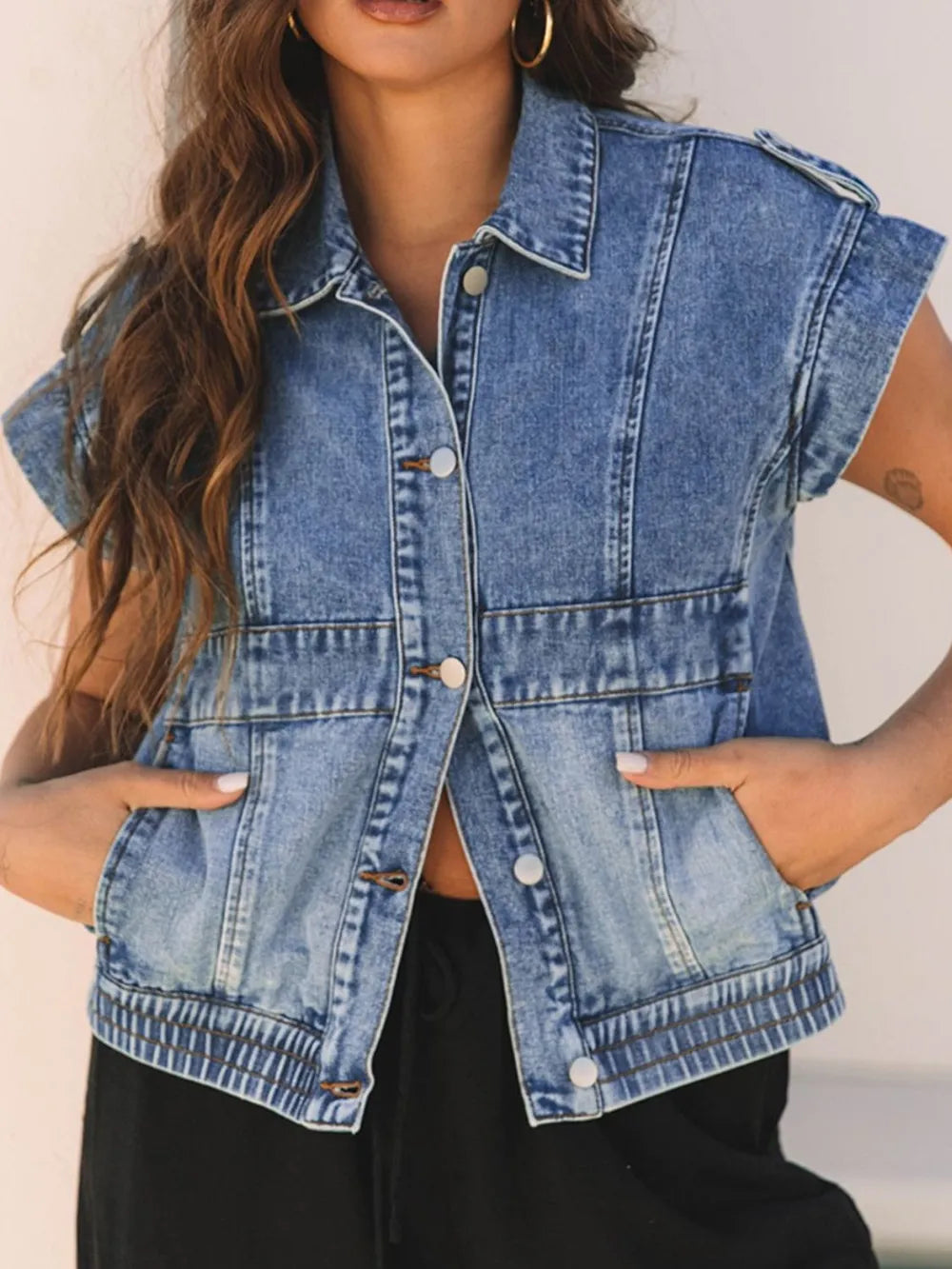 Button Up Cap Sleeve Denim Jacket - cas7m