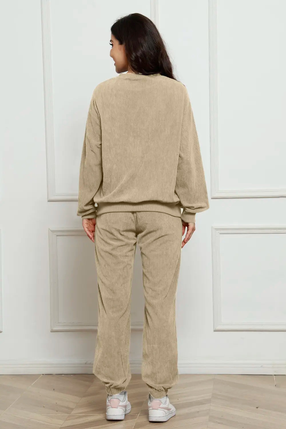 Corduroy Round Neck Sweatshirt and Sweatpants Set - cas7m