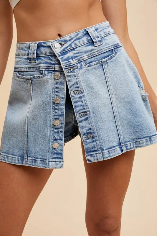 Annie Wear Button Detail Stretch Denim Wrap Mini Skort - cas7m