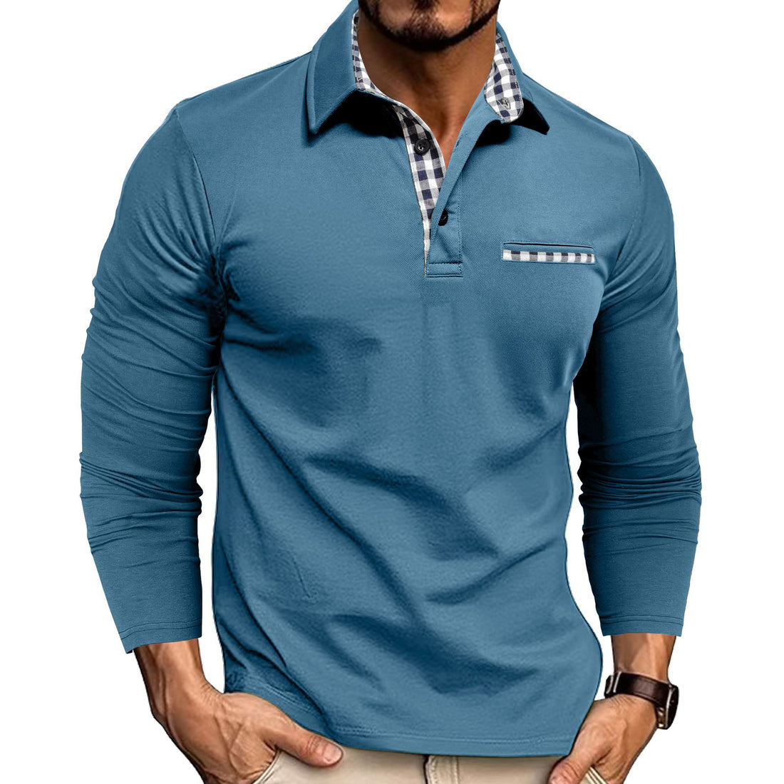 Casual Plaid Splicing Lapel Polo Shirt Fashion Solid Color Long Sleeve Top Men's Clothing - cas7m