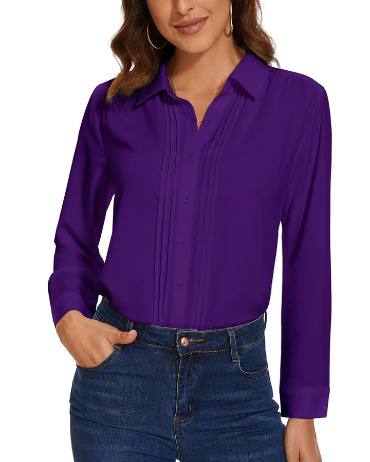 YAMANMAN Womens Button Down Shirts Long Sleeve Casual Chiffon Blouses Loose Pleated Collared Work Office Tops Dark Purple
