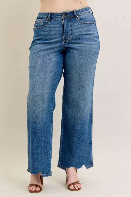 Judy Blue Full Size High Waist Tummy Control Chew Hem Destroy Wide Jeans Plus Size - cas7m