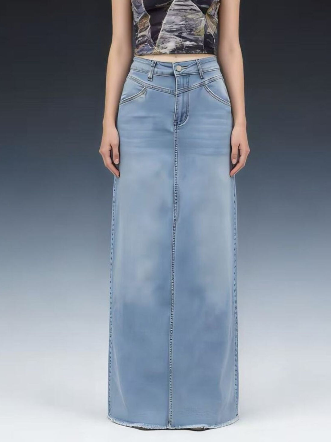 Raw Hem Maxi Denim Skirt - cas7m