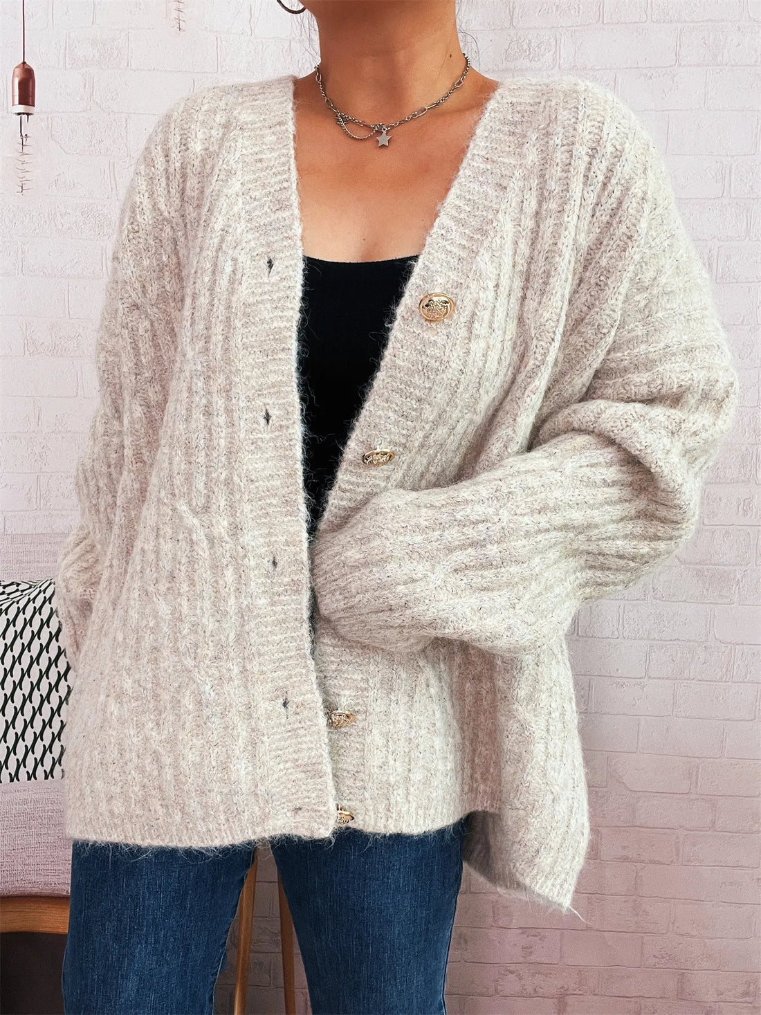 Cable Knit Button-Up Cardigan - cas7m