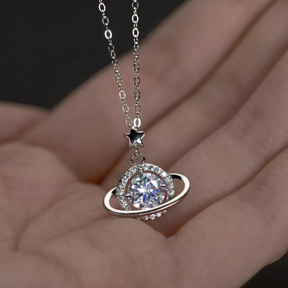 1 Carat 925 Sterling Silver Moissanite Planet Pendant Necklace - cas7m