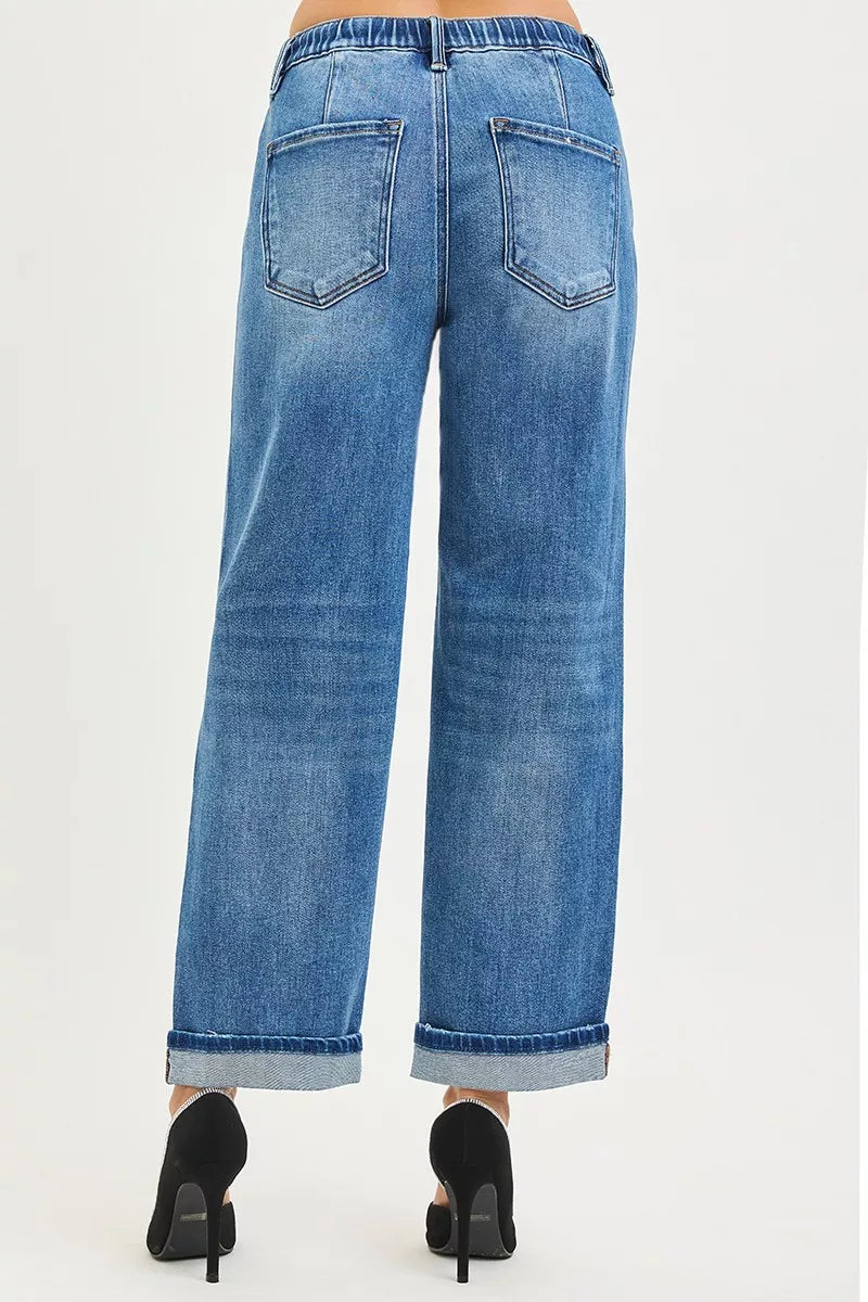RISEN Elastic Band Slouch Ankle Boyfriend Cuffed Hem Jeans - cas7m