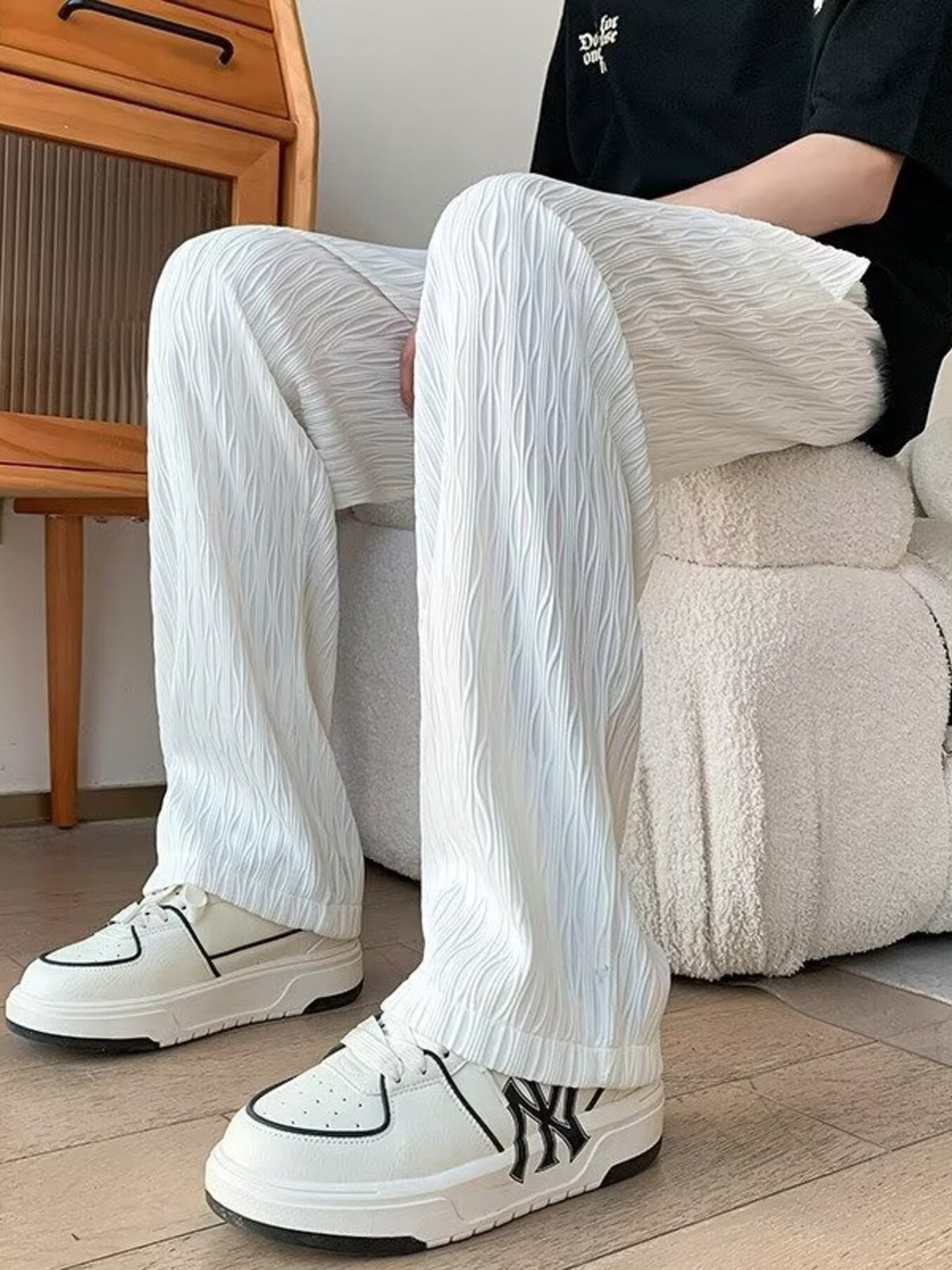Men's Textured Wide-Leg Drawstring Pants - cas7m