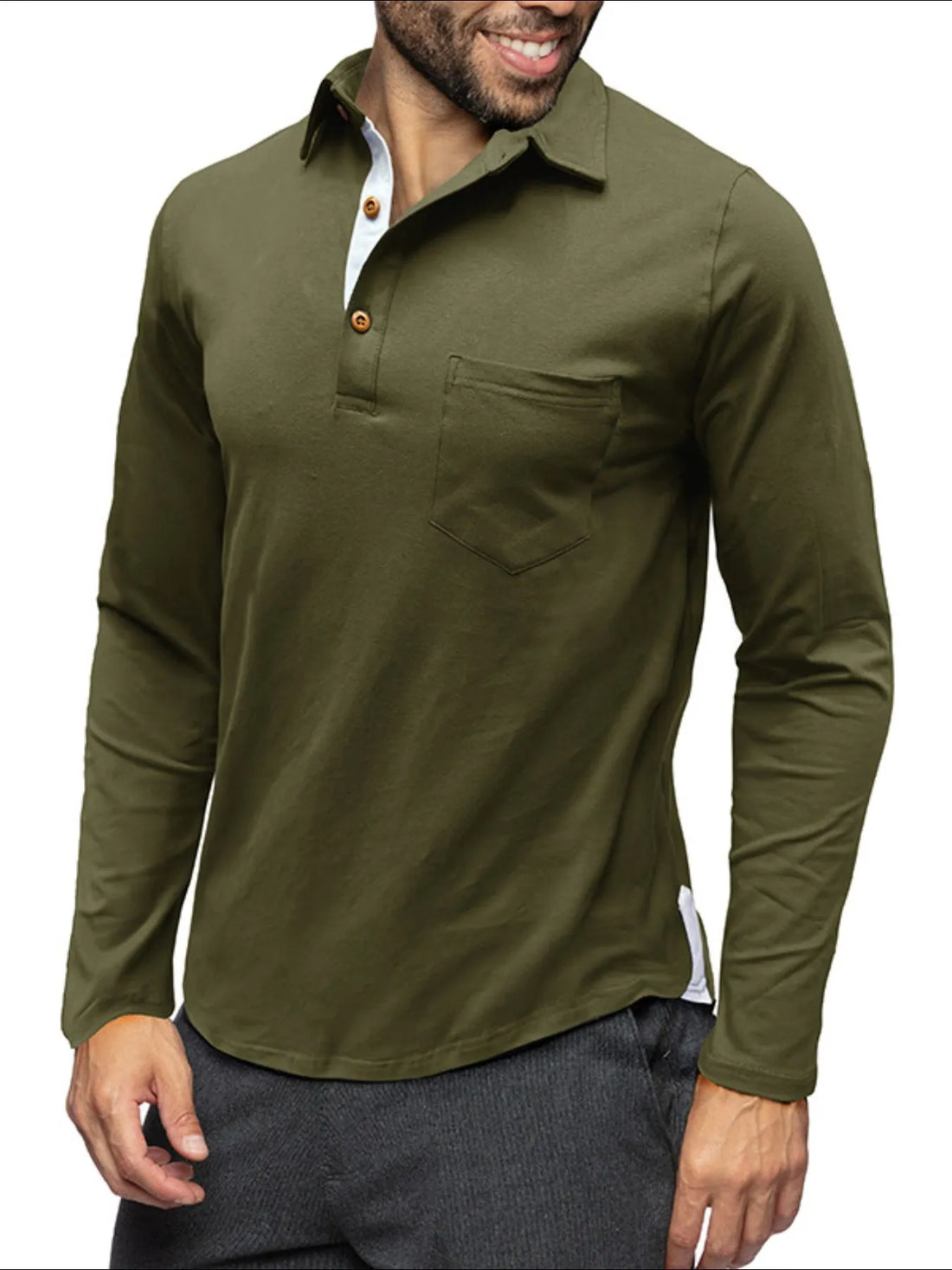Men's Long Sleeve Polo Shirt with Chest Pocket - cas7m