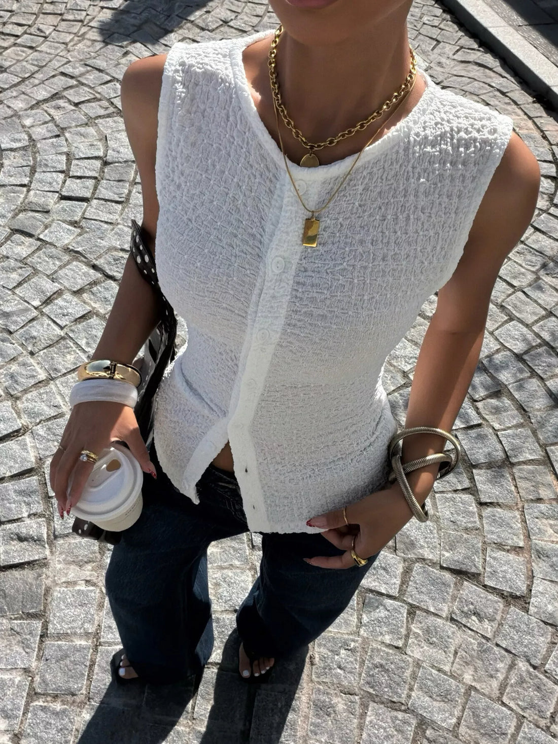 Textured Knit Button-Down Tank - cas7m