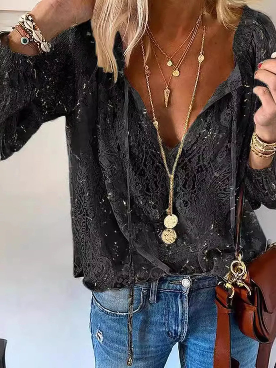 Lace Tie-Neck Blouse - cas7m