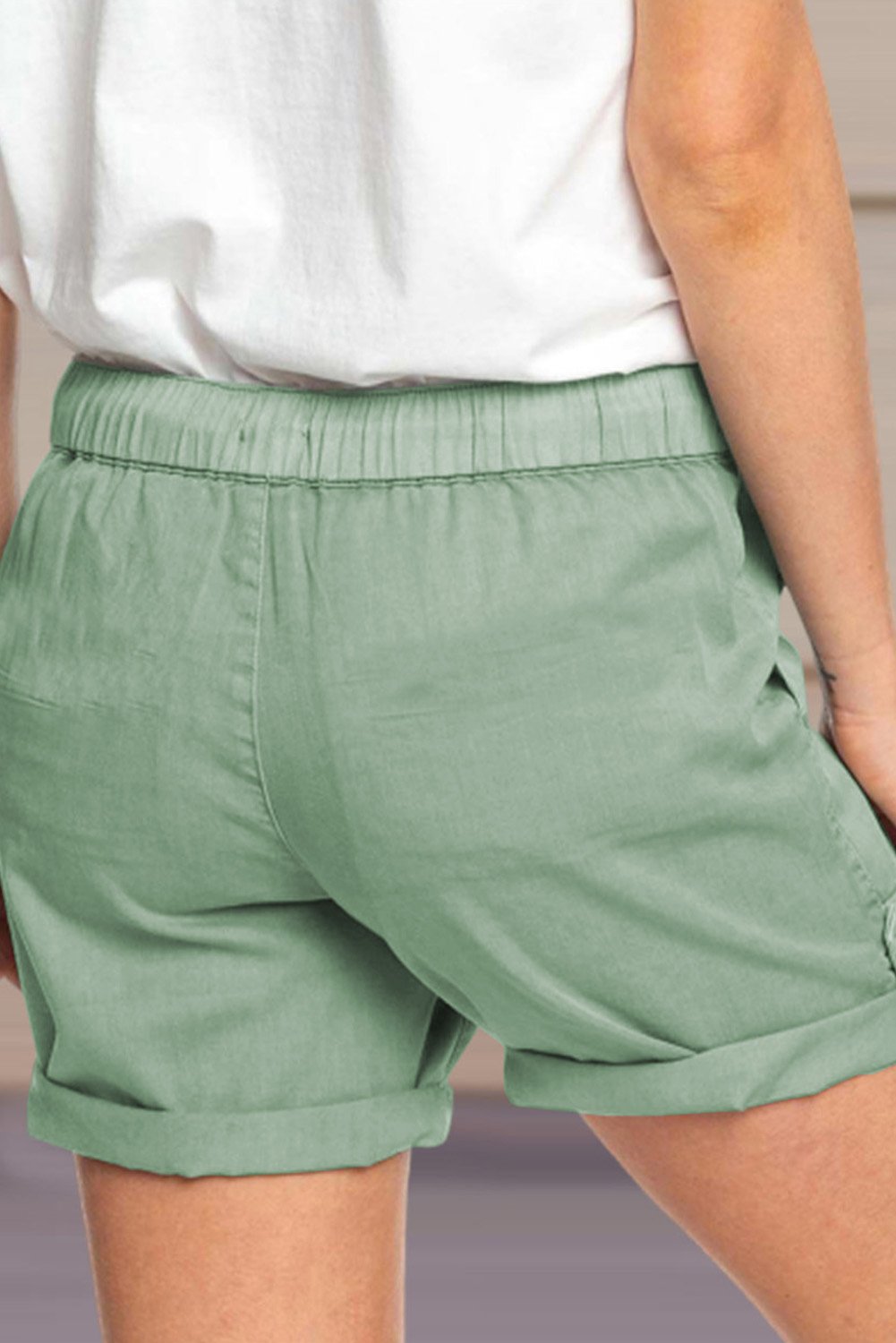 Elastic Waistband Pocket Drawstring Shorts with Button - cas7m