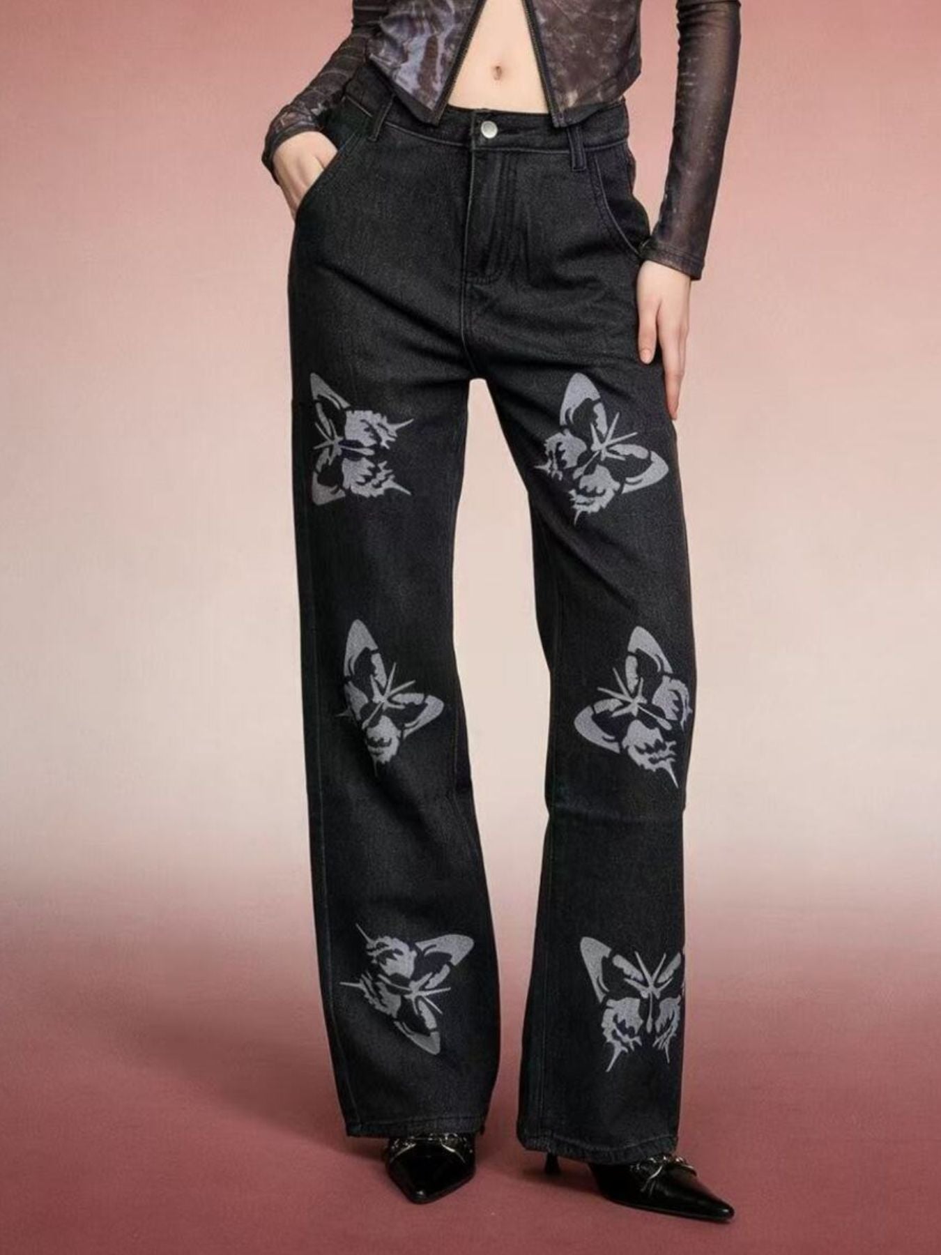 Butterfly Print High-Waisted Wide Leg Jeans - cas7m