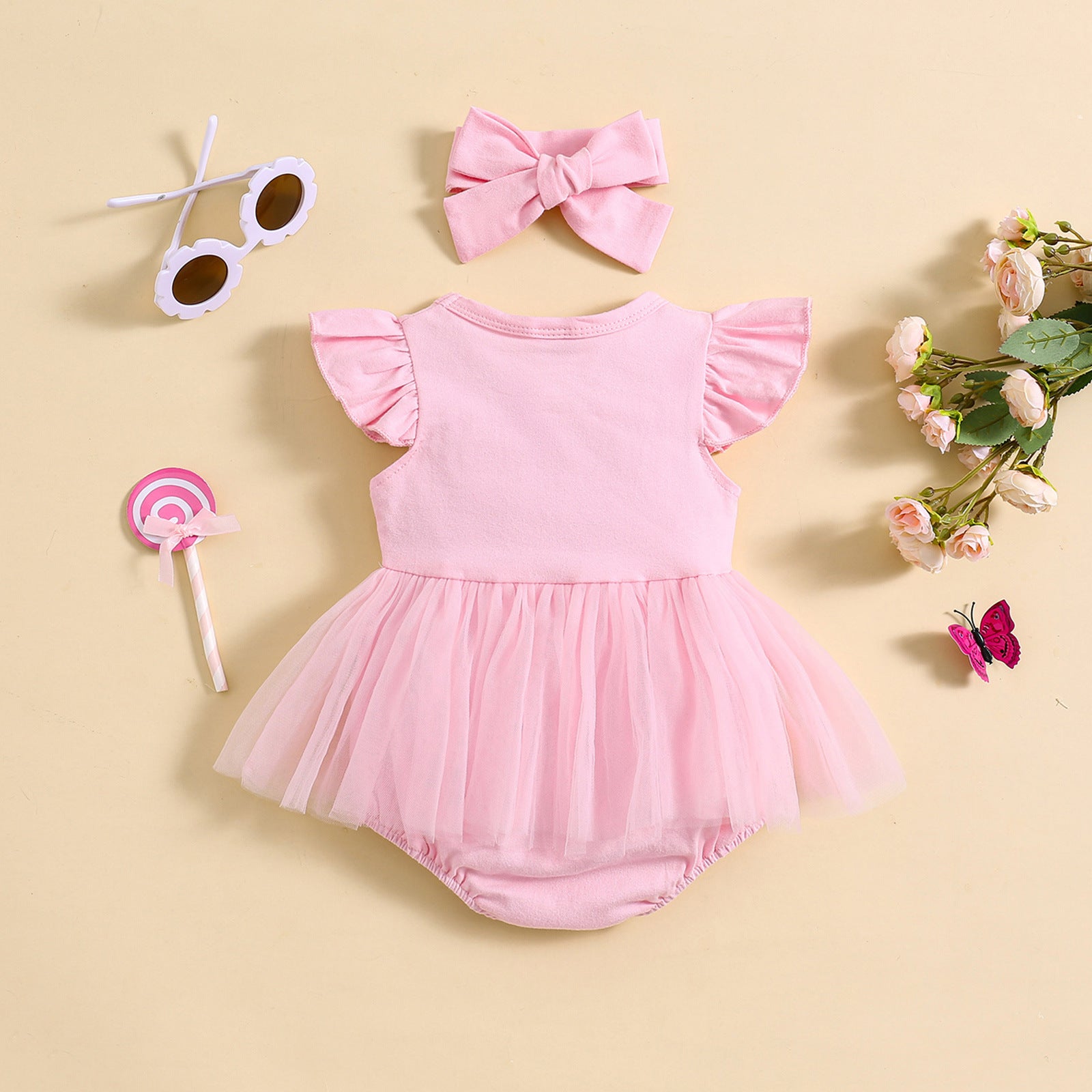 Sweet Flounced Sleeve Fluffy Mesh Dress Two-piece Set - cas7m