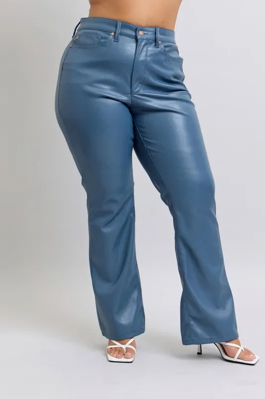 Judy Blue Full Size High Waist Tummy Control Faux Leather Bootcut Pants Plus Size - cas7m
