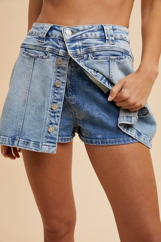 Annie Wear Button Detail Stretch Denim Wrap Mini Skort - cas7m