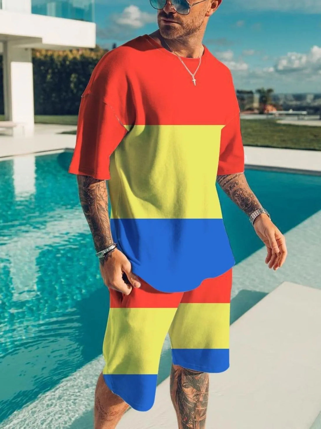 Men's Full Size Color Block Tee and Shorts Set Plus Size - cas7m