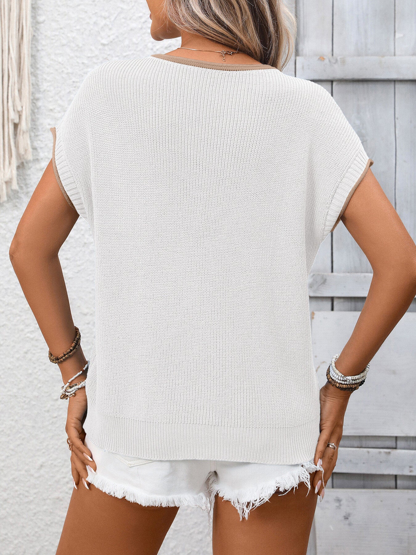 Contrast Trim Short Sleeve Sweater - cas7m