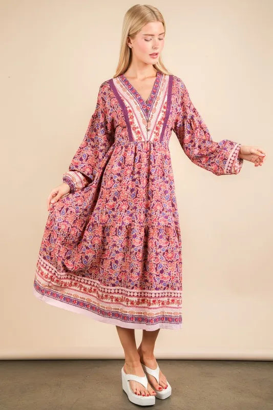 VERY J Floral Printed Boho V-Neck Balloon Sleeve Dress - cas7m