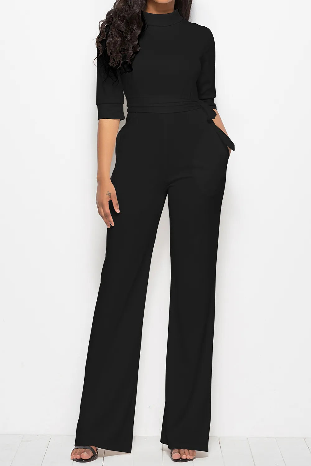 Mock Neck Tie-Waist Half Sleeve Jumpsuit - cas7m