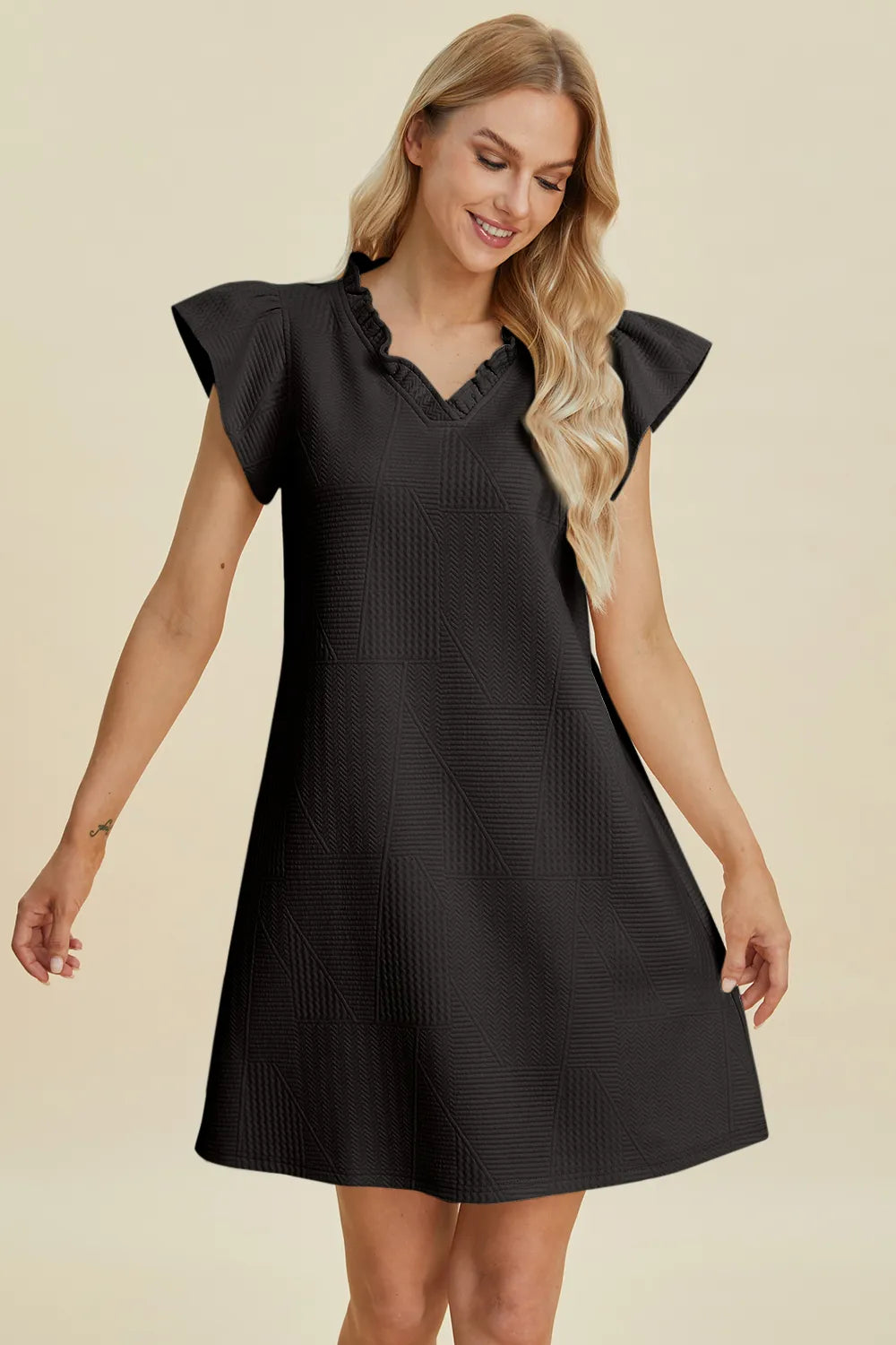 Double Take Full Size Ruffled V-Neck Cap Sleeve Dress - cas7m