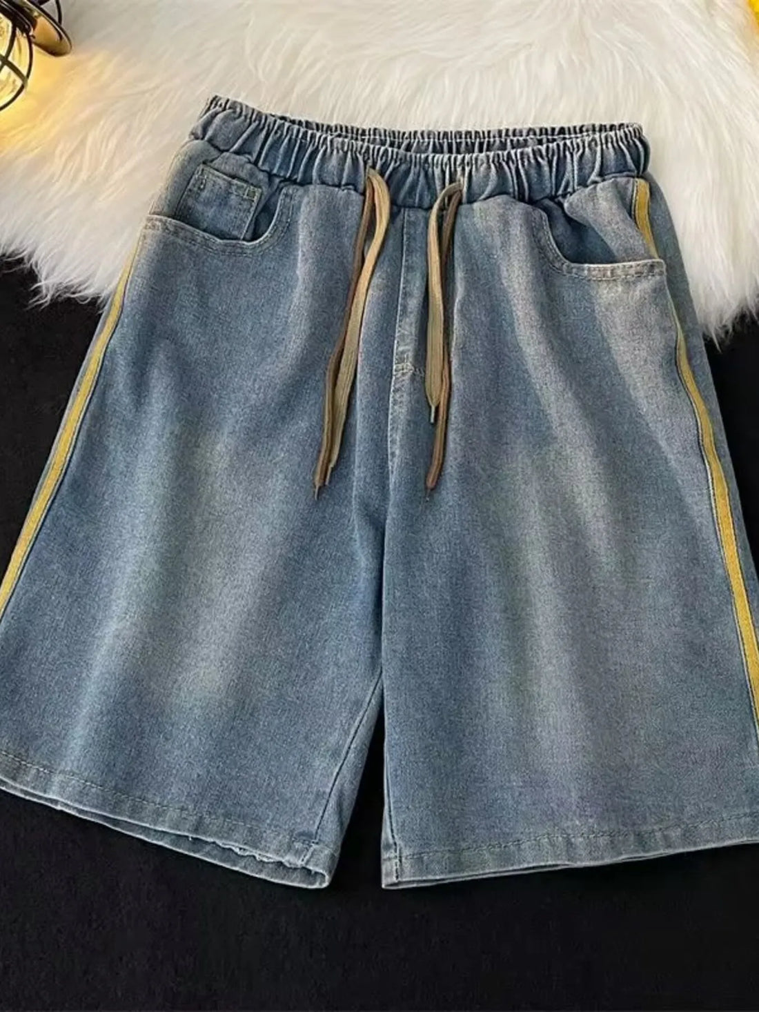 Men's Full Size Casual Loose Fit Denim Shorts with Drawstring Plus Size - cas7m