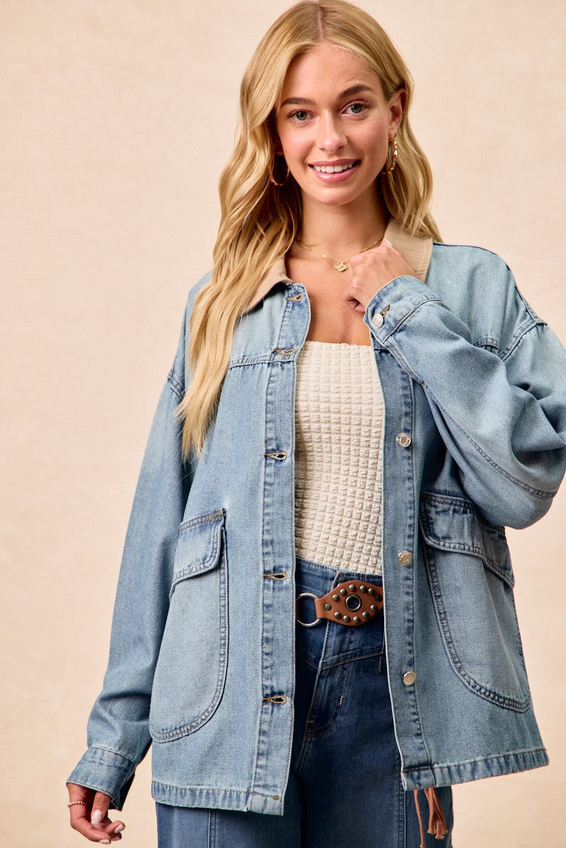 BiBi Washed Denim Jacket with Contrast Collar Detail - cas7m