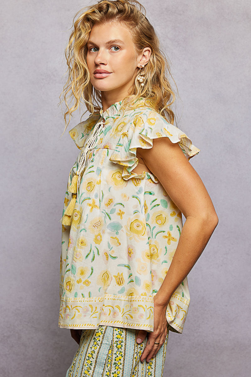 POL Tassel Tied Floral Flutter Sleeve Blouse - cas7m