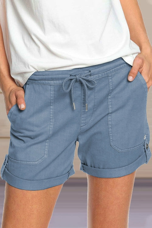 Elastic Waistband Pocket Drawstring Shorts with Button - cas7m