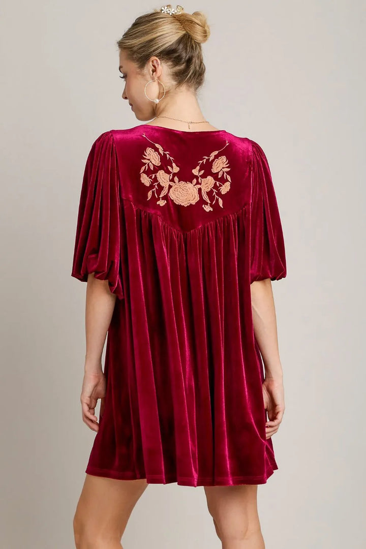 Umgee Embroidered Half Sleeve Velvet Mini Dress with Tassel - cas7m