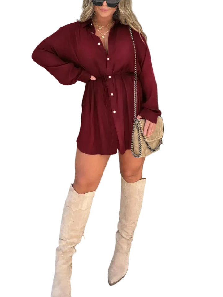Women's Long Sleeve Jumpsuit With Button Fashion Shirt Dress - cas7m