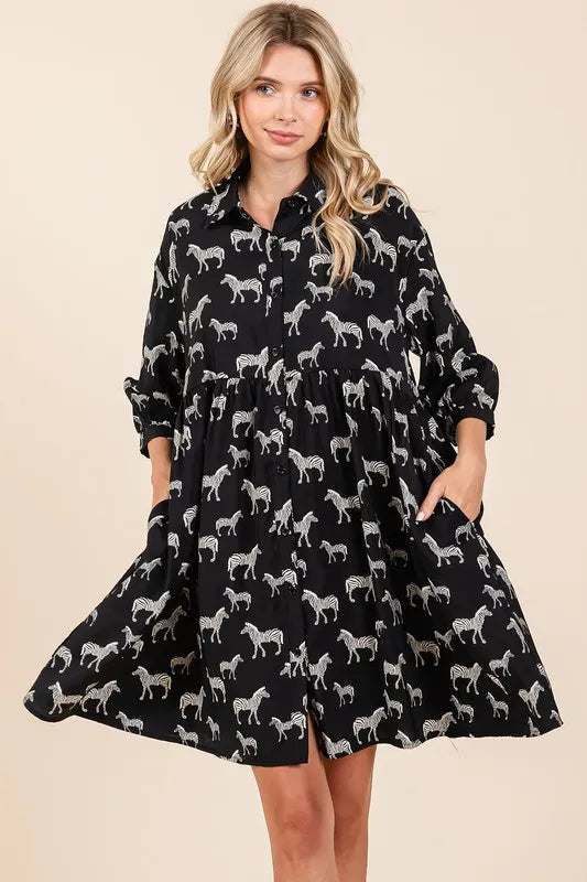 Mittoshop Zebra Print Button Down Shirt Mini Dress - cas7m