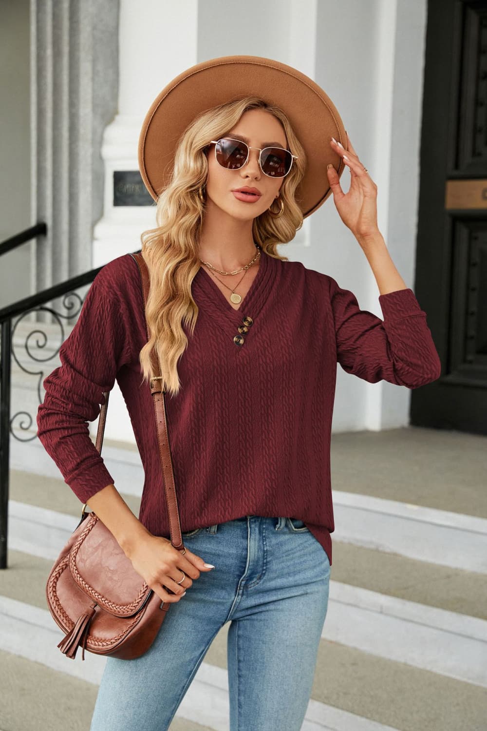 Decorative Button V-Neck Long Sleeve T-Shirt - cas7m