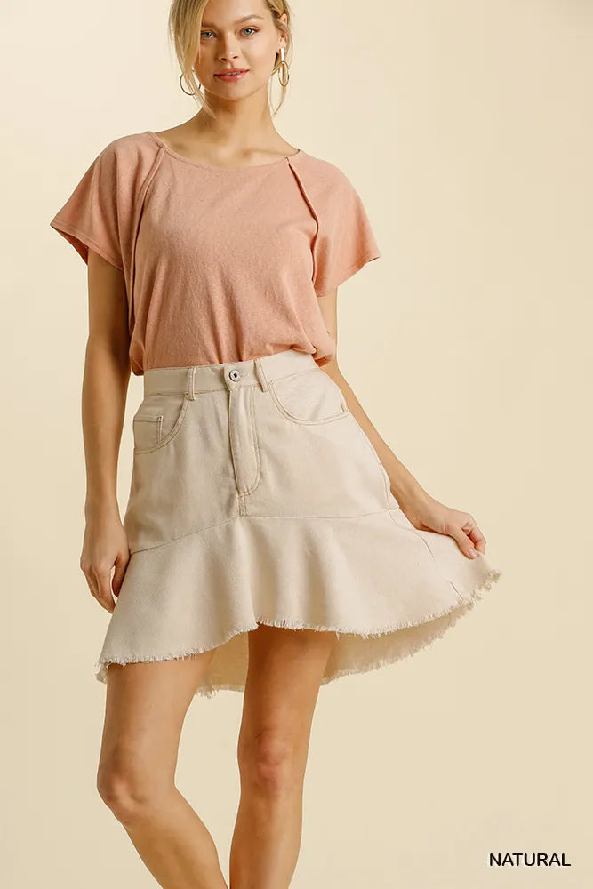 Umgee Linen Blend 5 Pockets High Low Skirt with Frayed Hem - cas7m