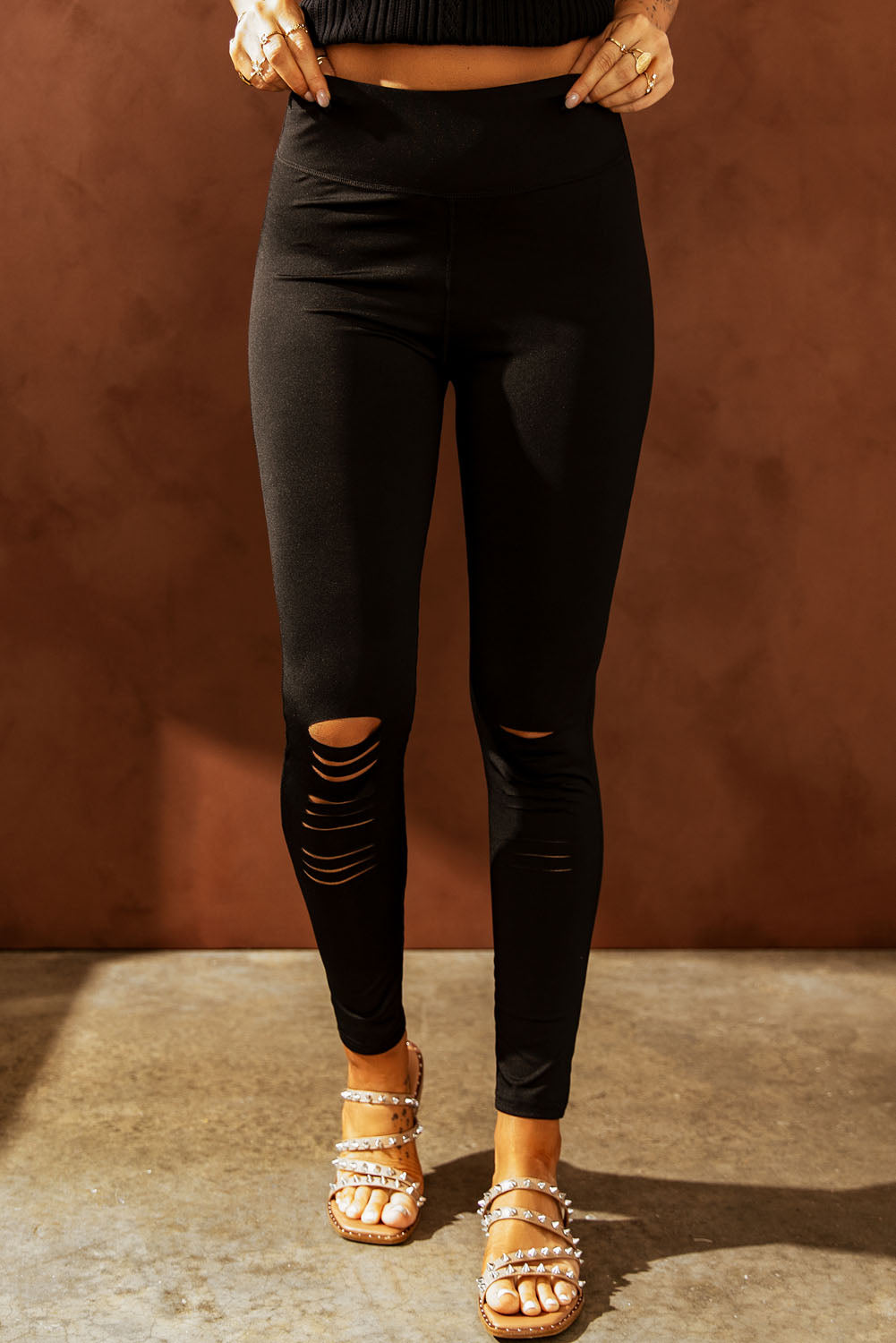 Wide Waistband Distressed Slim Fit Leggings - cas7m