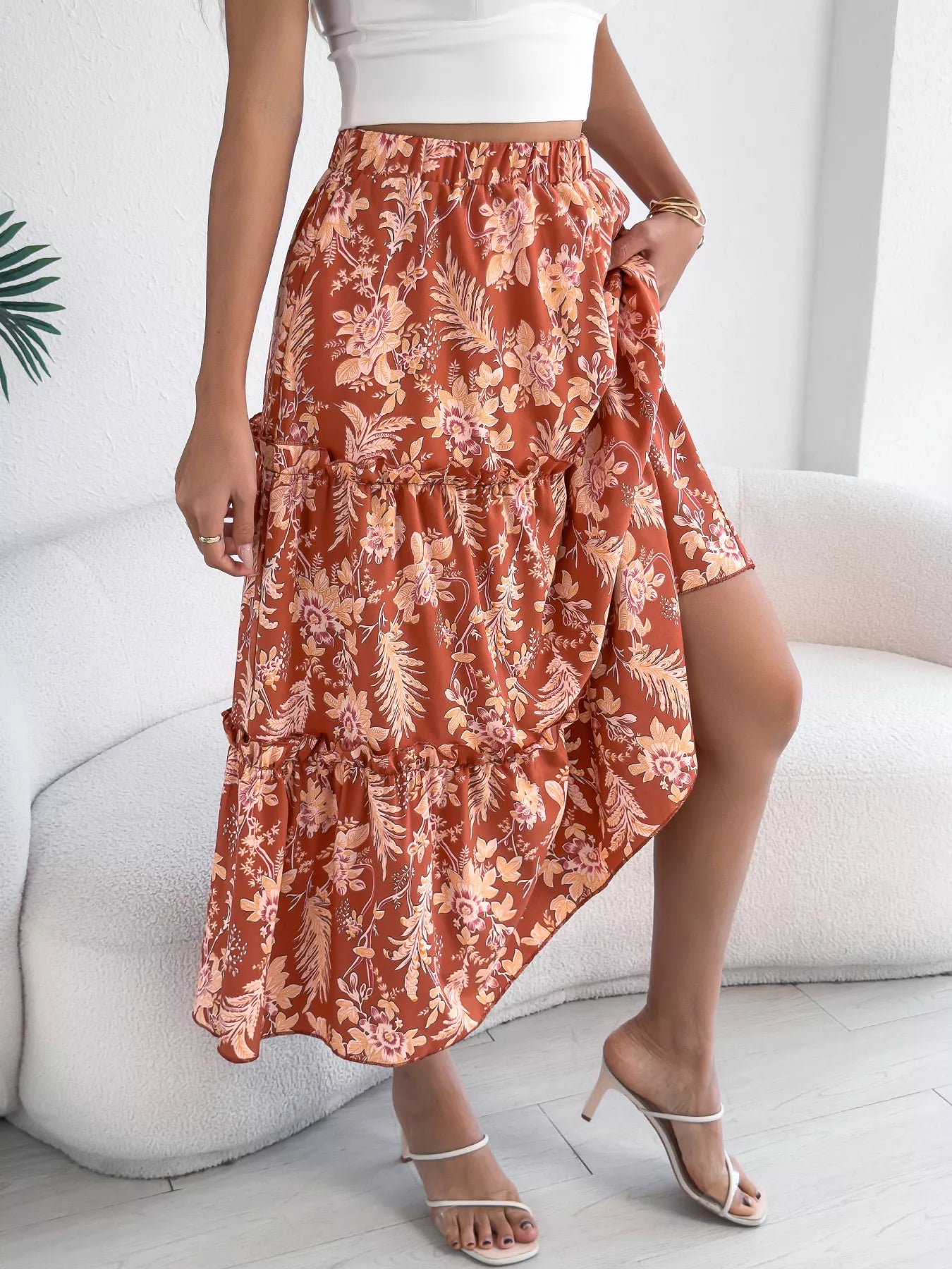Floral Print Ruffle Hem Flowy Midi Skirt - cas7m