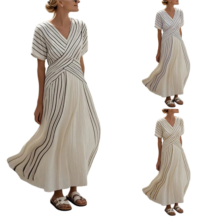 Women's Loose Fit Striped Printing Dress - Casual Cotton Blend Summer Midi Dress For Daily Wear Holiday Outfit - cas7m